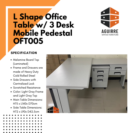 L Shape Office Table w/ 3 Desk Mobile Pedestal OFT005